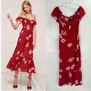 Reformation Tropica Shoshana Red Floral Midi Dress Off the Shoulder Sz Large